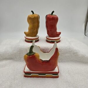 Vtg Clay Art Jalapeño Pepper Napkin Holder Salt Pepper Shaker Set Of 3 **READ**